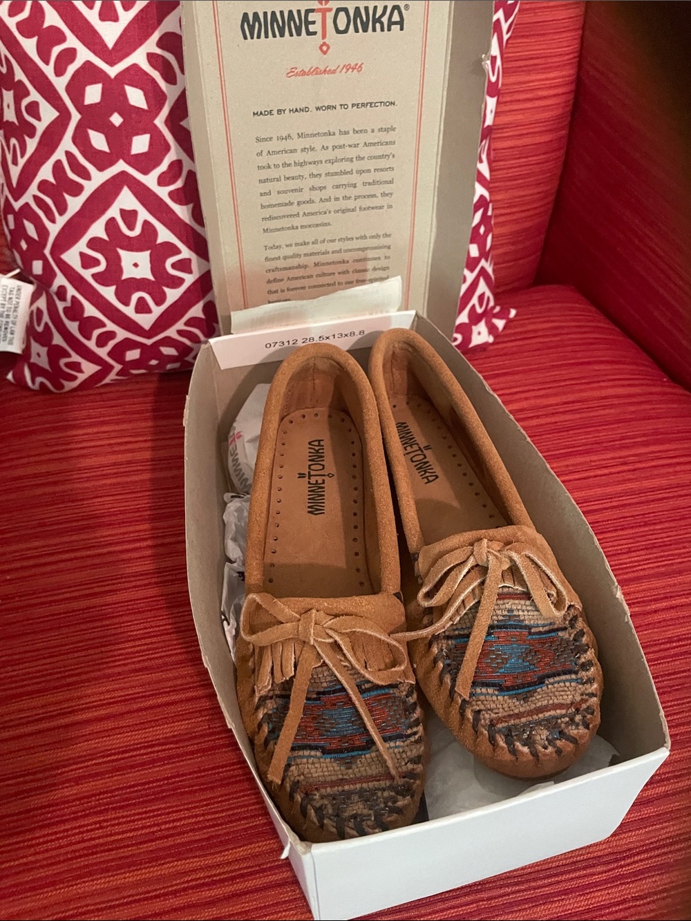 Minnetonka Tan Suede Moccasins with Multicolor Southwestern Weave